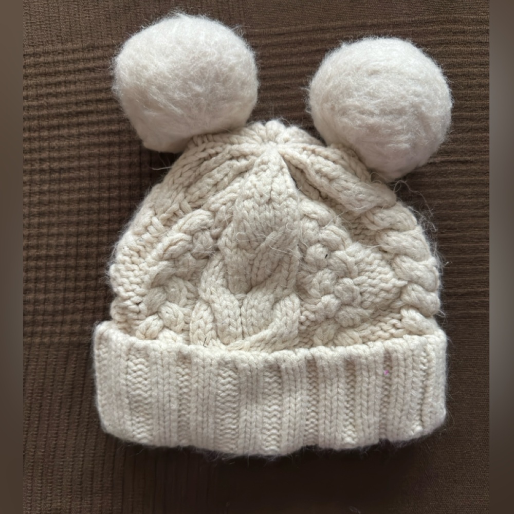 GAP Cream Knit Hat with Pom-Poms